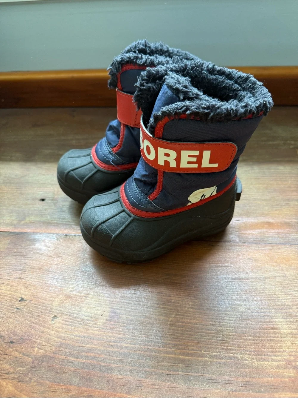 Sorel Navy and Red Kids Winter Boots with Faux-Fur Cuff